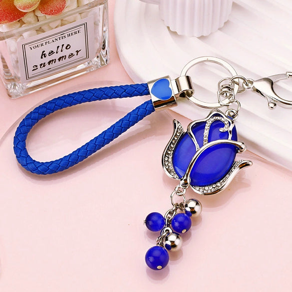Metal Keychain With Rhinestone Moonstone Tulip And Rose Design For Women