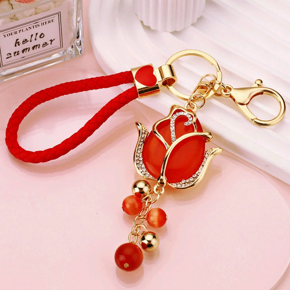 Metal Keychain With Rhinestone Moonstone Tulip And Rose Design For Women
