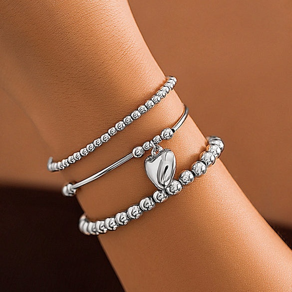Metal Love Pendant Beaded Bracelet Set Electroplated Iron Heart Shape Women's Geometric Style