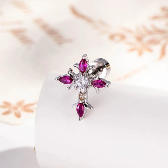 Metal Micropaved Zircon Cross Couple Piercing Earrings