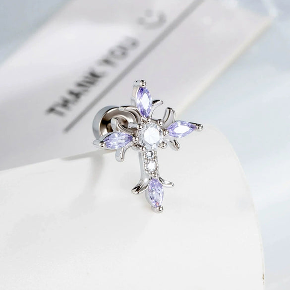 Metal Micropaved Zircon Cross Couple Piercing Earrings