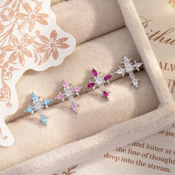 Metal Micropaved Zircon Cross Couple Piercing Earrings