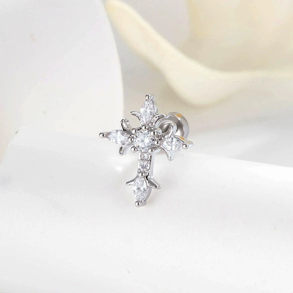 Metal Micropaved Zircon Cross Couple Piercing Earrings