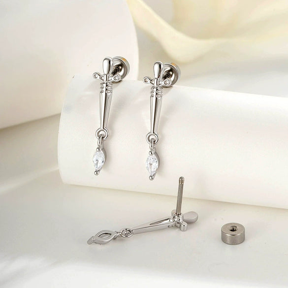 Metal Micropaved Zircon Dagger Cross Piercing Earrings For Couple