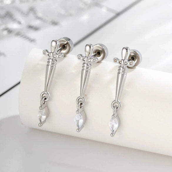 Metal Micropaved Zircon Dagger Cross Piercing Earrings For Couple