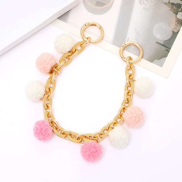 Metal Multicolor Fluffy Ball Beaded Mobile Phone Lanyard Keychain Pendant Replacement Chain Semimanual