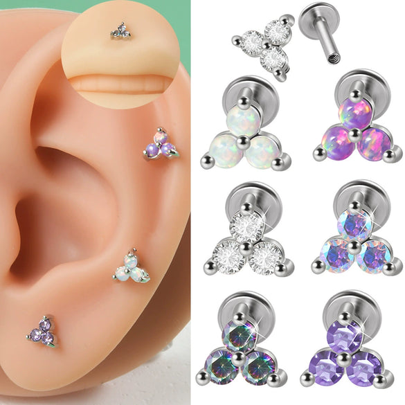 Metal Opal Zircon Triangle Ear Nail With Diamond Design Stainless Steel