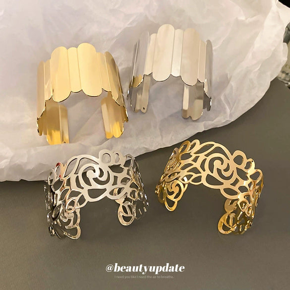 Metal Open Bracelet With Geometric And Plant Flowers Pattern Electroplated Simple Exaggerated Personality Jewelry