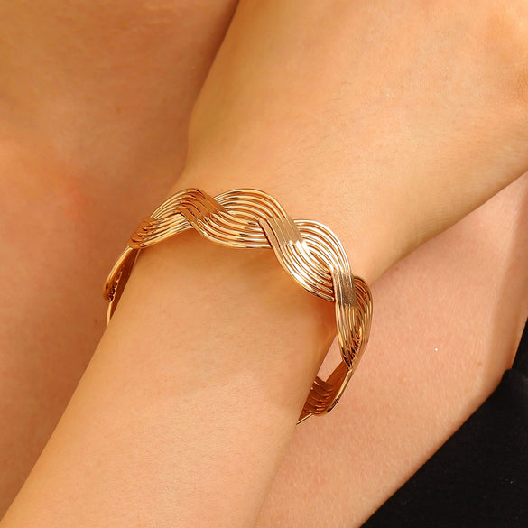 Metal Open Leaf Design Women's Bracelet Ring Jewelry Set With Electroplating