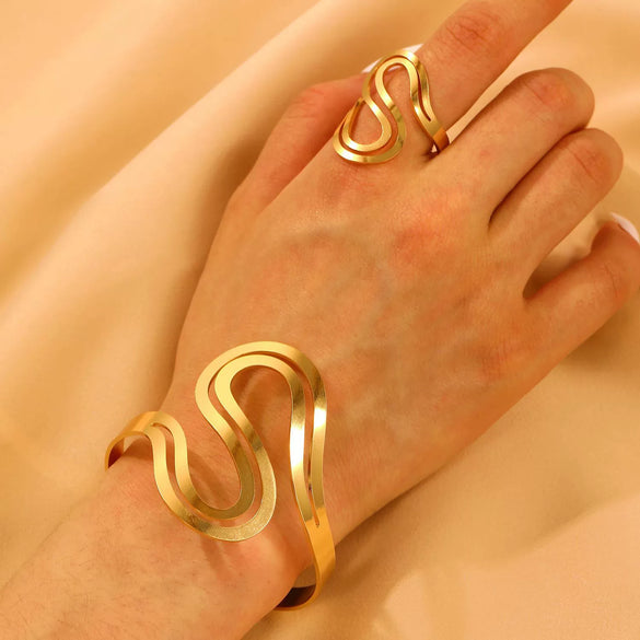 Metal Open Leaf Design Women's Bracelet Ring Jewelry Set With Electroplating
