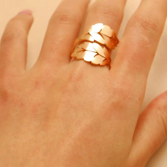 Metal Open Leaf Design Women's Bracelet Ring Jewelry Set With Electroplating
