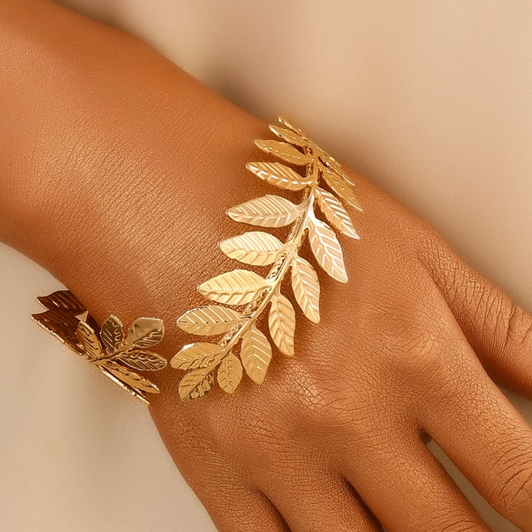 Metal Open Leaf Design Women's Bracelet Ring Jewelry Set With Electroplating