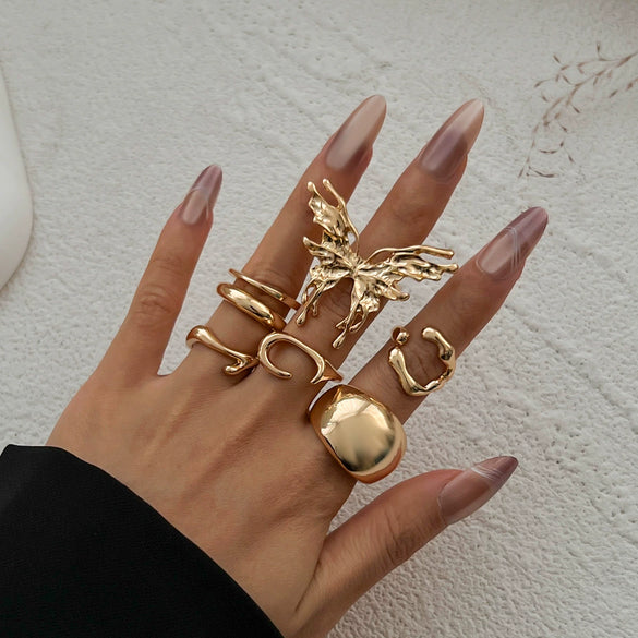 Metal Open Ring With Liquid Lava Butterfly Design Geometric And Animal Patterns Electroplated For Women