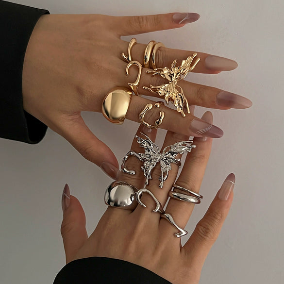 Metal Open Ring With Liquid Lava Butterfly Design Geometric And Animal Patterns Electroplated For Women