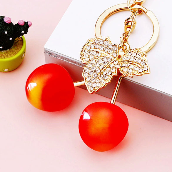Metal Pastoral Style Diamondencrusted Cherry Car Keychain For Women