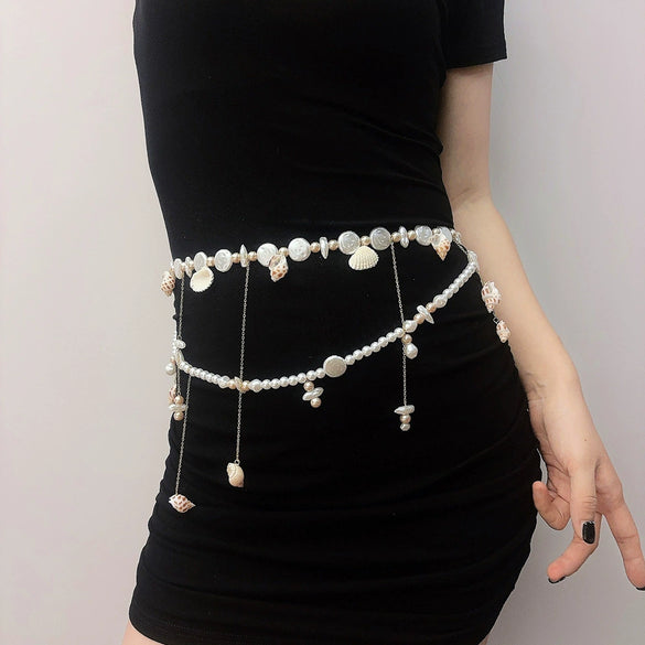 Metal Pearl Shell Waist Chain For Women Layered Tassel Multilayer Body Chain Belt Dualuse Necklace