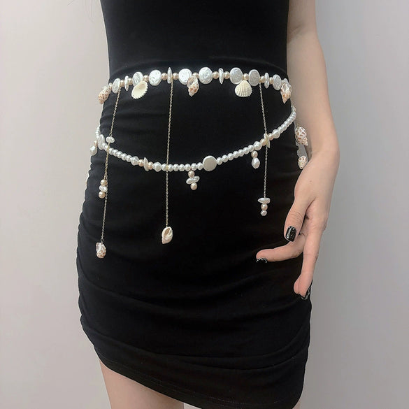 Metal Pearl Shell Waist Chain For Women Layered Tassel Multilayer Body Chain Belt Dualuse Necklace