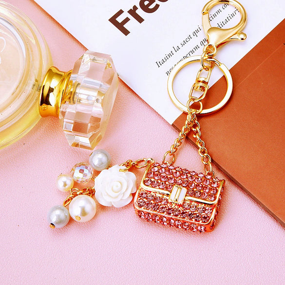 Metal Pearl Small Fragrant Style Key Chain Ring For Women As Bag Pendant