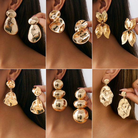 Metal Pleated Leaf Geometric Electroplated Earrings For Women