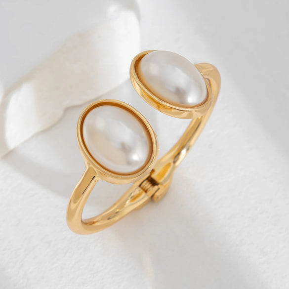 Metal Pleated Open Bracelet For Women With Liquid Metal And Imitation Pearl In Ins Style Electroplated