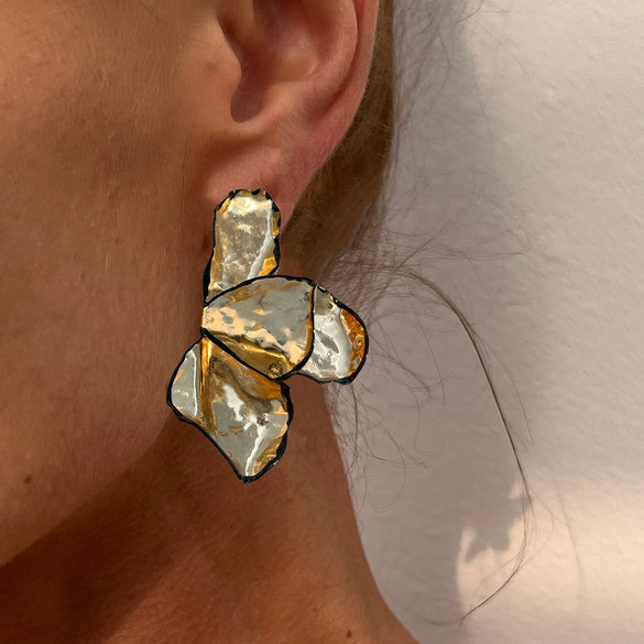 Metal Pleated Petal Flower Exaggerated Stereo Earrings For Women Electroplated