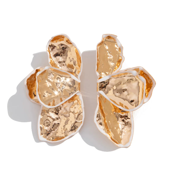 Metal Pleated Petal Flower Exaggerated Stereo Earrings For Women Electroplated