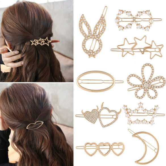 Metal Retro Geometric Rhinestone Star Moon Pearl Women's Hair Accessories Electroplating Hairpin