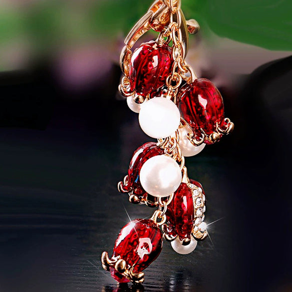 Metal Rhinestone Pearl Pomegranate Flower Keychain Light Luxury Style For Female