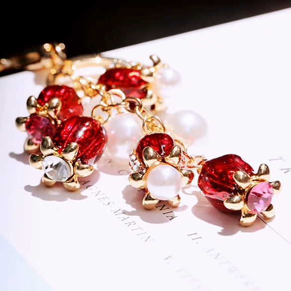 Metal Rhinestone Pearl Pomegranate Flower Keychain Light Luxury Style For Female