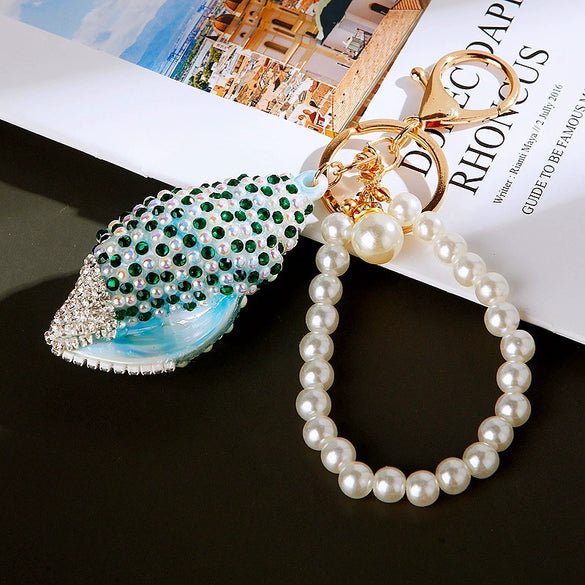 Metal Shell Pearl Conch Car Keychain With Diamond Encrustment For Men And Women As Bag Pendant And Gift