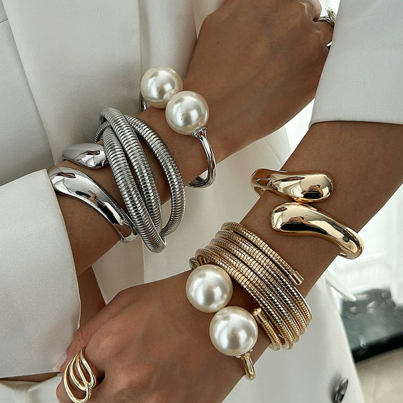 Metal Spring Bracelet Punk Stacked Multilayer Geometric Ins Style For Women With Big Pearl And Electroplating