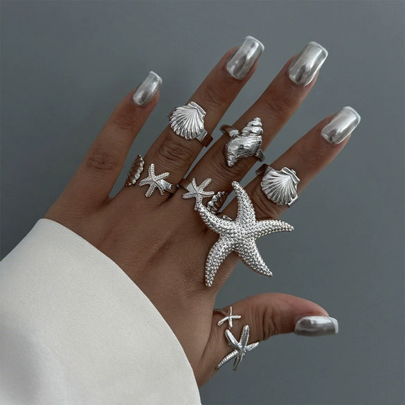 Metal Starfish Scallop Geometric Open Bracelet Set For Women With Electroplating
