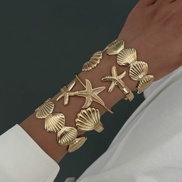 Metal Starfish Scallop Geometric Open Bracelet Set For Women With Electroplating