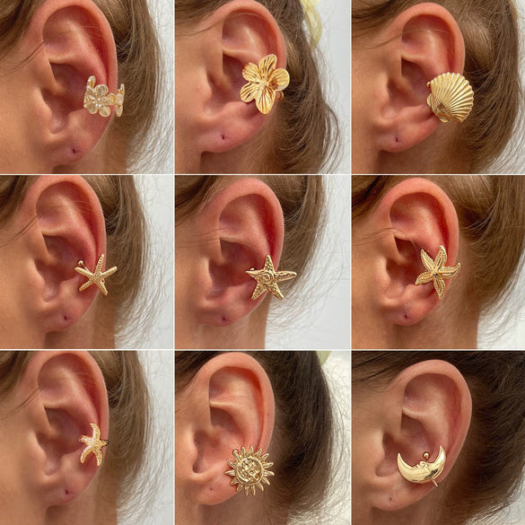 Metal Starfish Shell Cshaped Ear Clip And Flower Moon Earrings With Electroplating Star And Flower Pattern For Women