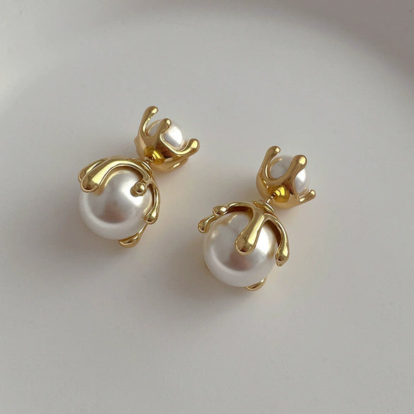 Metal Stud Earrings Copper S925 Silver Needle Pearl Inlaid Geometric Style For Women