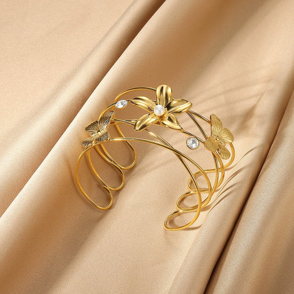 Metal Style Flowers Leaves Petals Open Circle Stainless Steel Gold Platinum Electroplated Bracelet For Women
