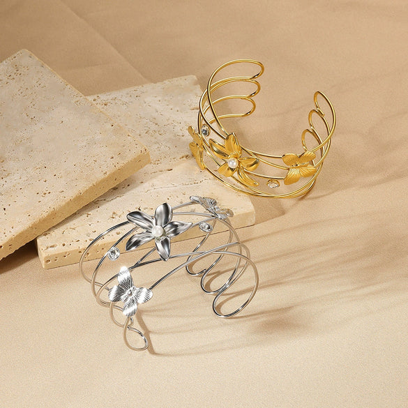 Metal Style Flowers Leaves Petals Open Circle Stainless Steel Gold Platinum Electroplated Bracelet For Women