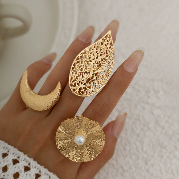 Metal Sunflower Leaf Moon Imitation Pearl Ring Geometric Flower Style Electroplated For Women