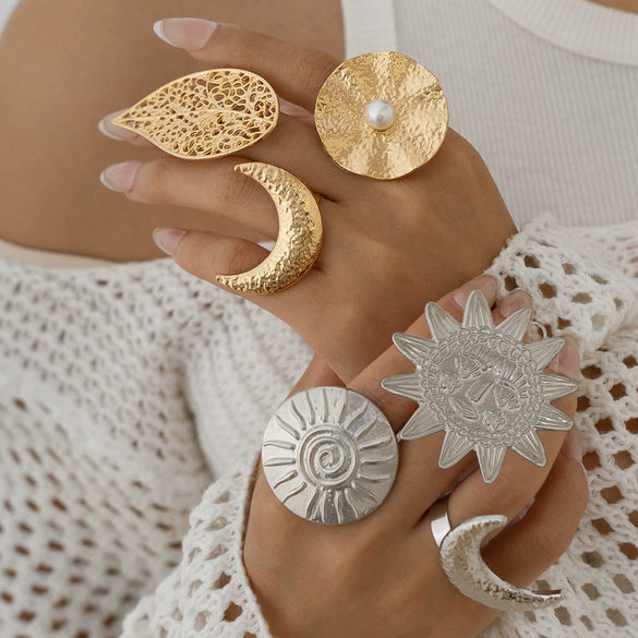 Metal Sunflower Leaf Moon Imitation Pearl Ring Geometric Flower Style Electroplated For Women