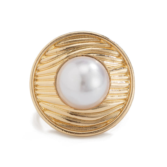 Metal Sunflower Leaf Moon Imitation Pearl Ring Geometric Flower Style Electroplated For Women