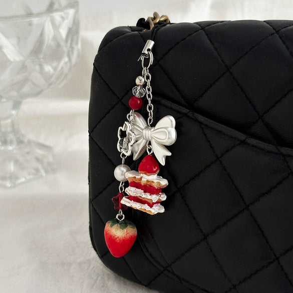 Metal Sweet Bow Strawberry Lollipop Star Keychain Mobile Phone Chain With Plants Flowers Pattern And Electroplating Processing