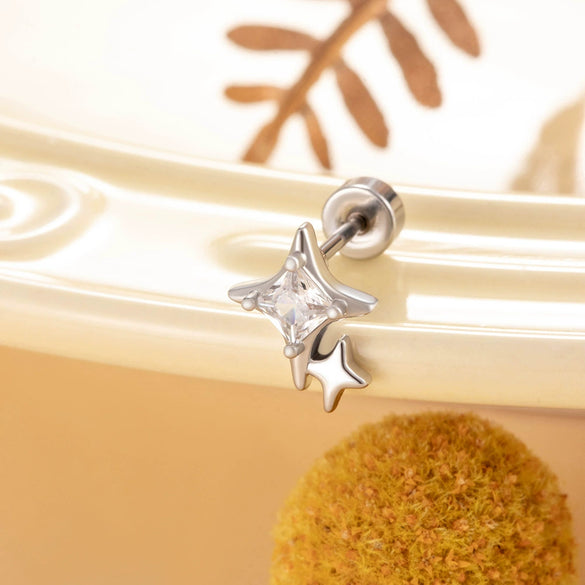 Metal Titanium Steel Double Head Screw Ear Bone Nail Star Earrings With Zirconia For Women