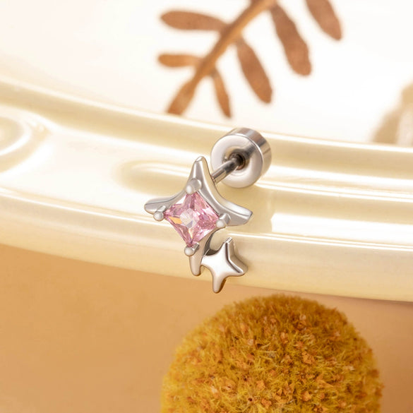 Metal Titanium Steel Double Head Screw Ear Bone Nail Star Earrings With Zirconia For Women