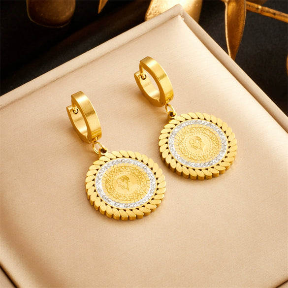 Metal Vintage Diamond Portrait Printing Round Pendant Titanium Steel Earrings With Electroplating And Geometric Design