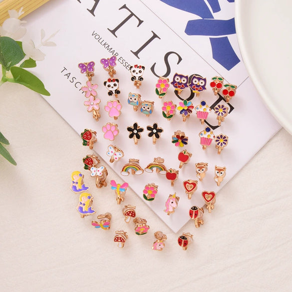 Metal Women's Ear Clip Set With Flowers Love Design And Dripping Oil Process Featuring Daisy Butterfly And Other Patterns