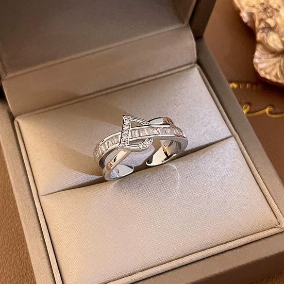 Metal Zircon Bow Open Ring Real Gold Electroplated Women's Hand Jewelry