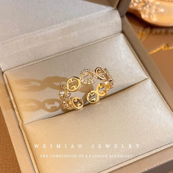 Metal Zircon Bow Open Ring Real Gold Electroplated Women's Hand Jewelry