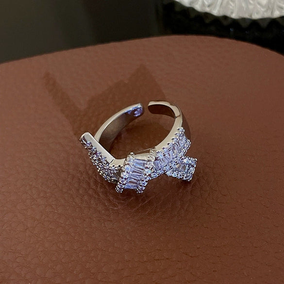 Metal Zircon Bow Open Ring Real Gold Electroplated Women's Hand Jewelry