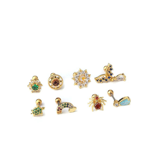 Metal Zircon Geometric Style Stainless Steel Screw Ball Ear Nail Piercing Earrings For Women With Electroplating