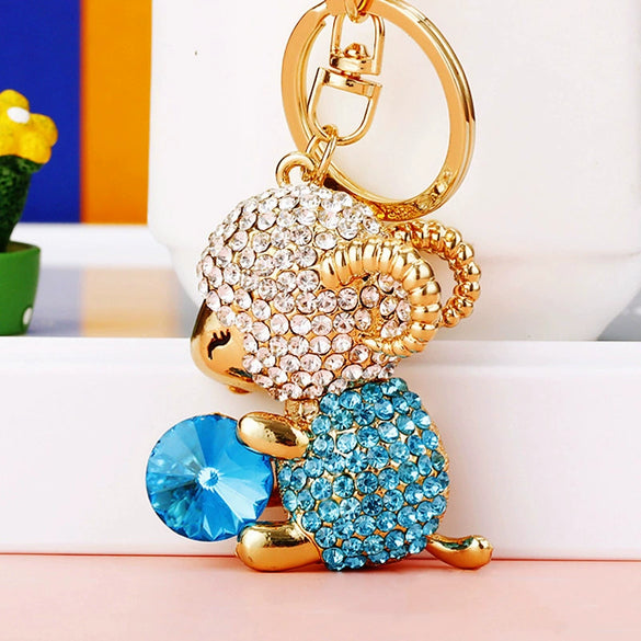 Metal Zodiac Sheep Encrusted Keychain For Women As Creative Gift